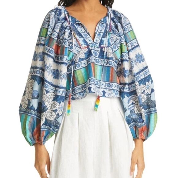 NWOT Farm Rio Blue Palm Tree Rainbow Trim Bohemian Puff Sleeve Blouse Size Small - Picture 1 of 7